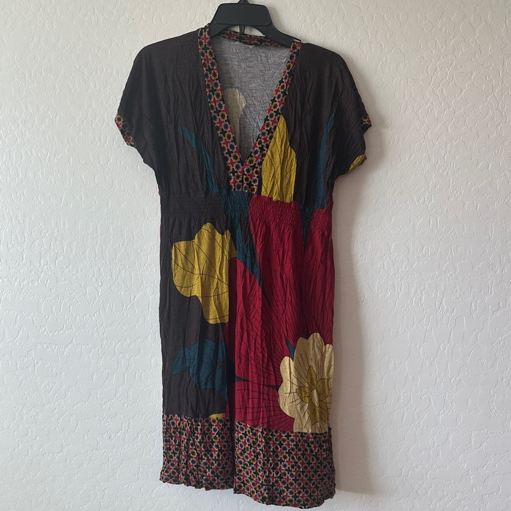 Boho y2k dress size large v neck casual colorful abstract multi‎ floral mark.